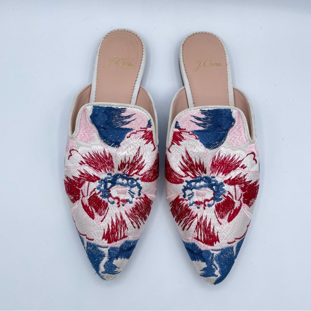 J. Crew Pink Floral Embroidered Pointed Mules with Red & Blue Motif